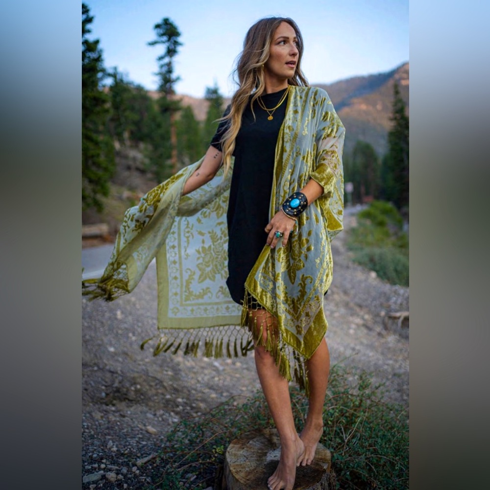 Free People Chartreuse Velvet Embroidered Tassel Fringe Kimono, One Size